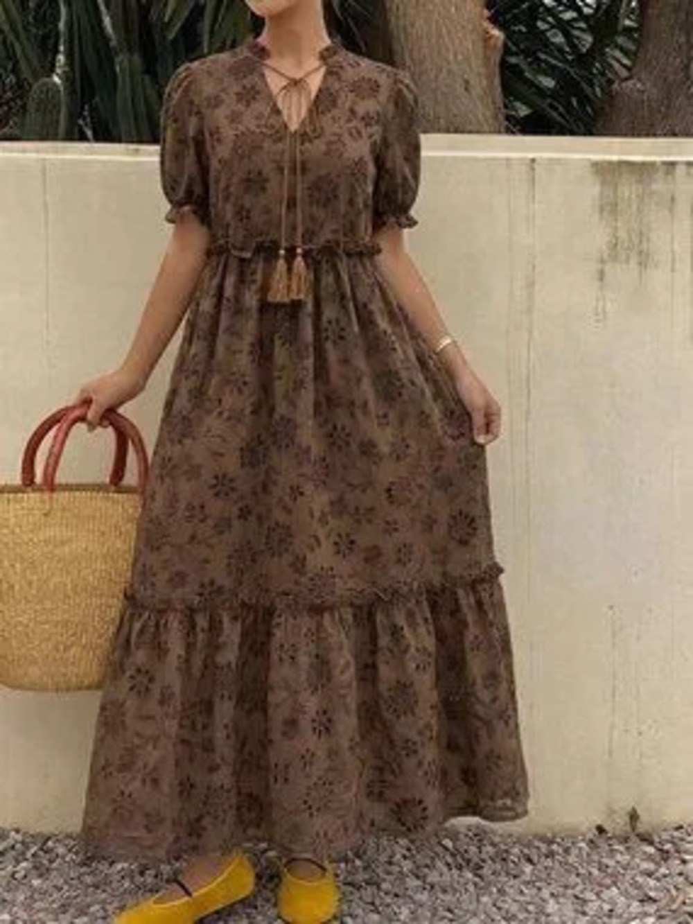ZARA Brown Boho Women's All-Over Print Pleated Casual Party Travel Long Sundress